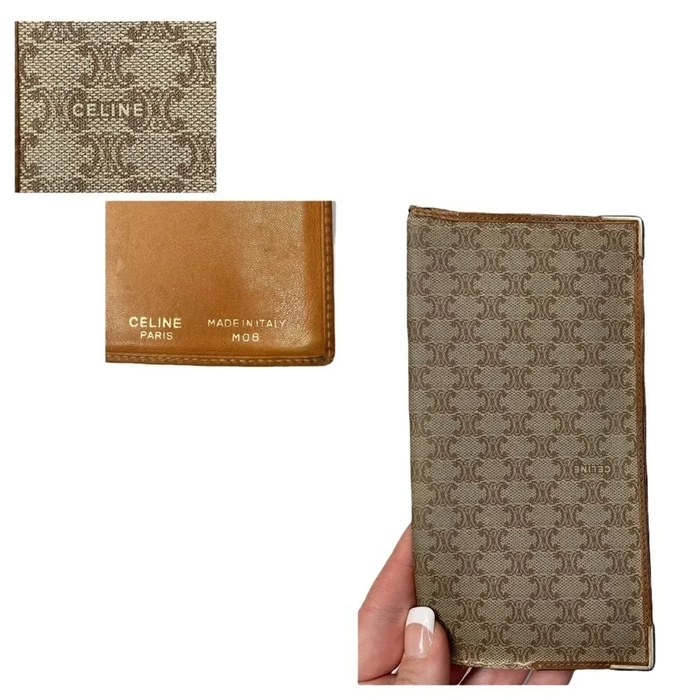 Authentic Vintage Celine Macadam Canvas Leather Tan Long Slim Wallet Checkbook